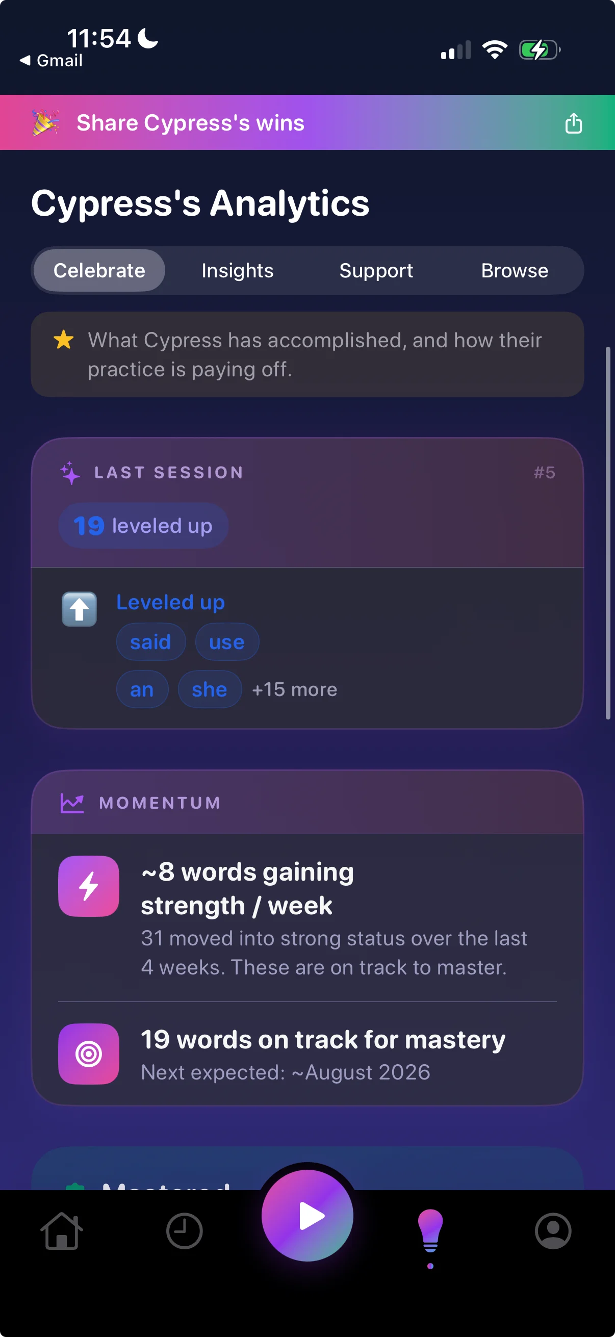 Spellexi analytics screen on the Celebrate tab showing last session leveled-up words and momentum stats