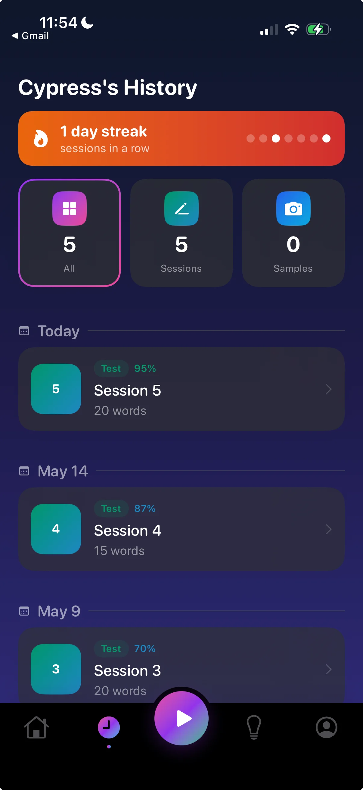 Spellexi history screen showing a 1-day streak and a list of recent sessions with scores