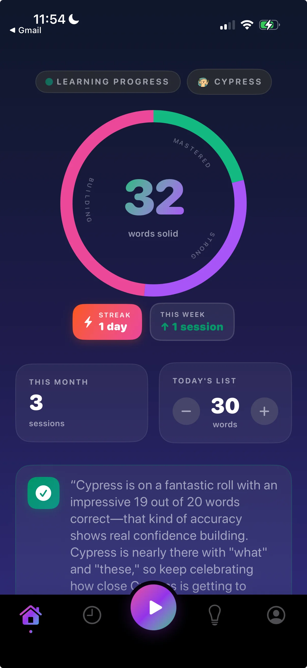 Spellexi home screen showing 32 words solid in a learning progress ring, with current streak, weekly sessions, and today's word count
