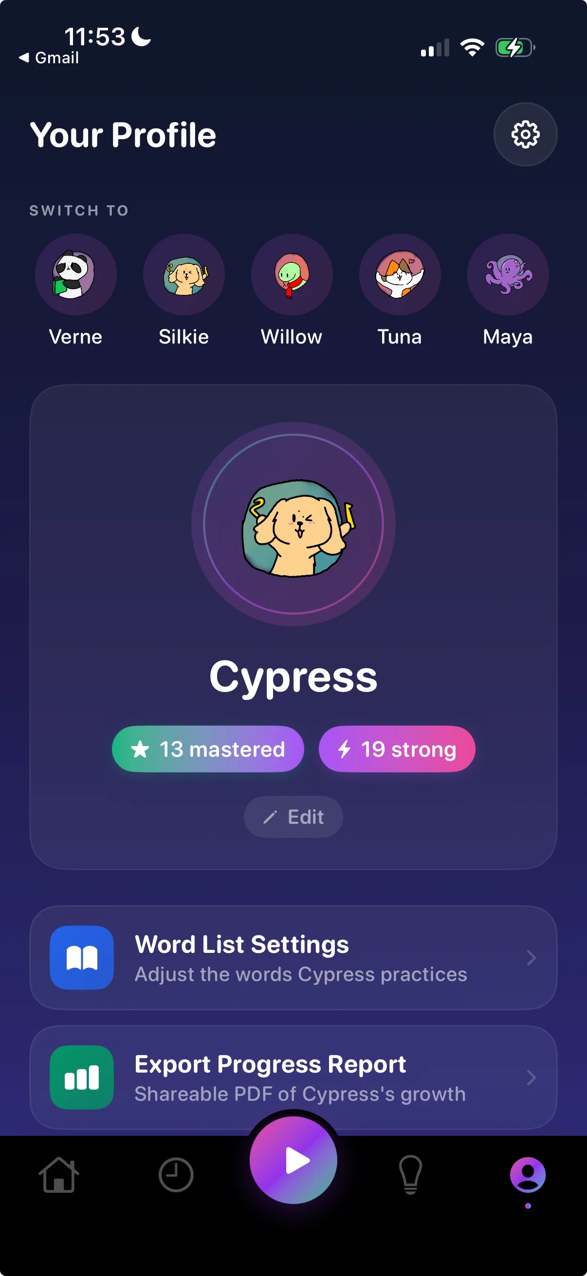 Spellexi profile screen showing five kid profiles with one selected, plus shortcuts to word list settings and a shareable progress report